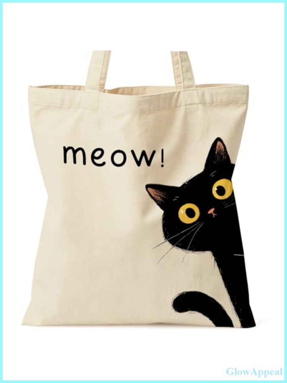 Canvas Cat Tote Bag Black Cat Meow Double-Sided Print Inner Pocket